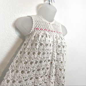 Crochet Tunic Vest Handmade Women's White Pink Ribbon Open Weave Bunny Button S